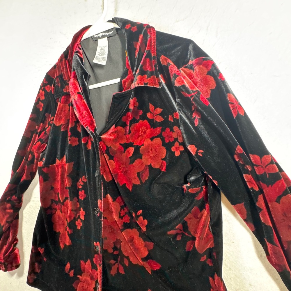 VTG Y2K Button Up Shirt Women Large Black Red Floral Velvet Goth Whimsigoth - Picture 8 of 10